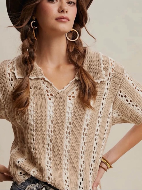 Sweaters - Light Beige Open-Knit V-Neck crochet Top - Women